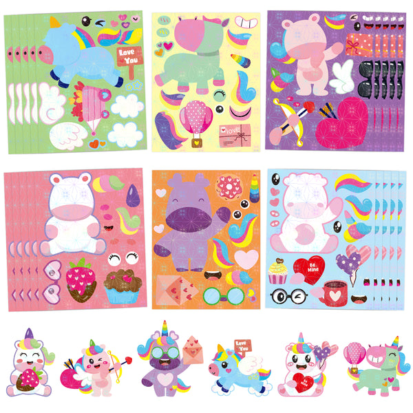 CY2SIDE 36pcs Valentines Unicorn Party Favors Holographic Stickers, Valentine's Day Make Your Own Shiny Unicorn Face Sticker Sheets for Kids, Valentine's Day Unicorn School Class Party Games for Kids
