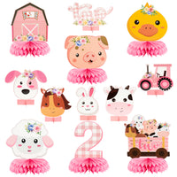 CY2SIDE 12PCS Floral Farm Animals 2nd Birthday Party Honeycomb Centerpieces, Cute Pink Flowers Barnyard 2 Years Old birthday Party Table Decoration, Second Birthday Party Supplies for Baby Girls