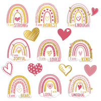 CY2SIDE 96pcs Valentine's Day Boho Rainbow Motivational Positive Sayings Cutouts, Pink and Gold Rainbow and Hearts Cutouts for Bulletin Boards, Growth Mindset Inspirational Classroom School Home Decor