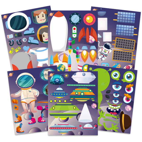 CY2SIDE 36p Out Space Theme Sticker for Kids, Astronaut Theme Make Your Own Stickers Including Alien, Rocket,Spaceship, Planet Patterns, Mix and Match Make-a-face Stickers Gifts Bag Stuffers for Boys