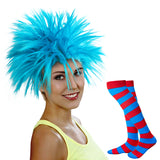 CY2SIDE Funky Cosplay Pack with Blue Wig and Striped Socks, Funky Blue Fuzzy Wig, Faux Crazy Costume Unisex Wig, Blue Fuzzy Costume Wig for Adults, Extra Long Socks Over Knee High Opaque Stockings