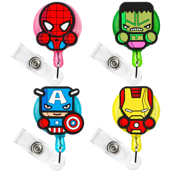 CY2SIDE 4PCS Superhero Retractable Badge Holder, Cartoon Retractable Badge Reel, Badge Reel Holder for Kids, Nurses, Name Badge Holders with Clip for Offices, Hero Badge Holder Reel Clip, 24 inch Cord