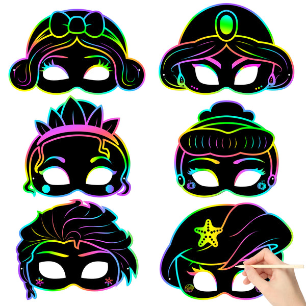 CY2SIDE 24PCS Princess Rainbow Color Scratch Party Masks for Girls, Princess Theme Rainbow Color Scratch Craft Kits, DIY Princess Face Magic Art Rainbow Color Masks Craft Kit for Birthday Party Favors