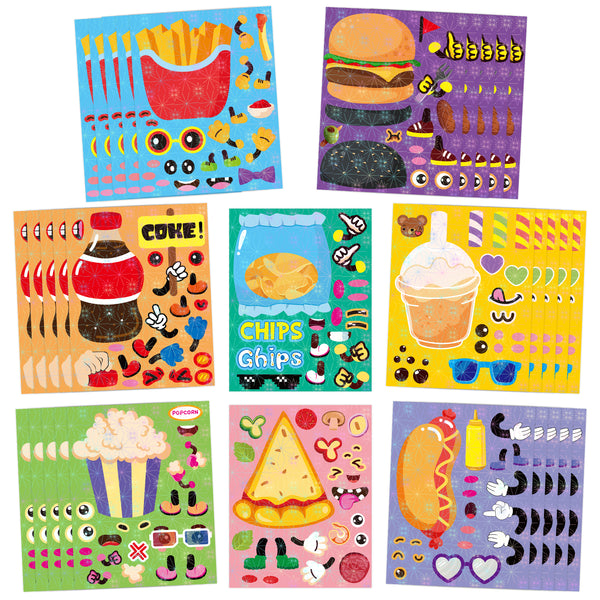 CY2SIDE 40pcs Valentines Junk food Party Favors Holographic Stickers, Valentine's Day Make Your Own Shiny Puffy Food Face Sticker Sheets for Kids, Valentine's Day Fast food School Party Games for Kids