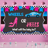 CY2SIDE Wheels or Heels Gender Reveal Party Backgrounds, He or She Baby Shower Photography Backdrop, Wheels or Heels Gender Reveal Party Supplies, Baby Boy or Girl Background, Gender Reveal Decoration