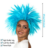 CY2SIDE Funky Cosplay Pack with Blue Wig and Striped Socks, Funky Blue Fuzzy Wig, Faux Crazy Costume Unisex Wig, Blue Fuzzy Costume Wig for Adults, Extra Long Socks Over Knee High Opaque Stockings