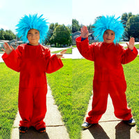 CY2SIDE Funky Cosplay Pack with Blue Wig and Striped Socks, Funky Blue Fuzzy Wig, Faux Crazy Costume Unisex Wig, Blue Fuzzy Costume Wig for Adults, Extra Long Socks Over Knee High Opaque Stockings