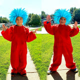 CY2SIDE Funky Cosplay Pack with Blue Wig and Striped Socks, Funky Blue Fuzzy Wig, Faux Crazy Costume Unisex Wig, Blue Fuzzy Costume Wig for Adults, Extra Long Socks Over Knee High Opaque Stockings