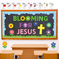 CY2SIDE 106pcs Blooming for Jesus Spring flowers and cross Cutouts for Bulletin Board Border Sets, Christian Sunday Church Theme Trim Border, Religious Classroom and Sunday School Bulletin Board Decor