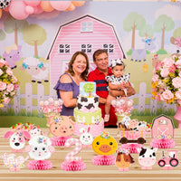 CY2SIDE 12PCS Floral Farm Animals 2nd Birthday Party Honeycomb Centerpieces, Cute Pink Flowers Barnyard 2 Years Old birthday Party Table Decoration, Second Birthday Party Supplies for Baby Girls