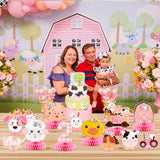CY2SIDE 12PCS Floral Farm Animals 2nd Birthday Party Honeycomb Centerpieces, Cute Pink Flowers Barnyard 2 Years Old birthday Party Table Decoration, Second Birthday Party Supplies for Baby Girls