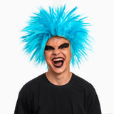 CY2SIDE Funky Cosplay Pack with Blue Wig and Striped Socks, Funky Blue Fuzzy Wig, Faux Crazy Costume Unisex Wig, Blue Fuzzy Costume Wig for Adults, Extra Long Socks Over Knee High Opaque Stockings
