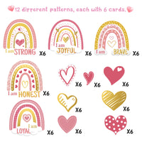 CY2SIDE 96pcs Valentine's Day Boho Rainbow Motivational Positive Sayings Cutouts, Pink and Gold Rainbow and Hearts Cutouts for Bulletin Boards, Growth Mindset Inspirational Classroom School Home Decor